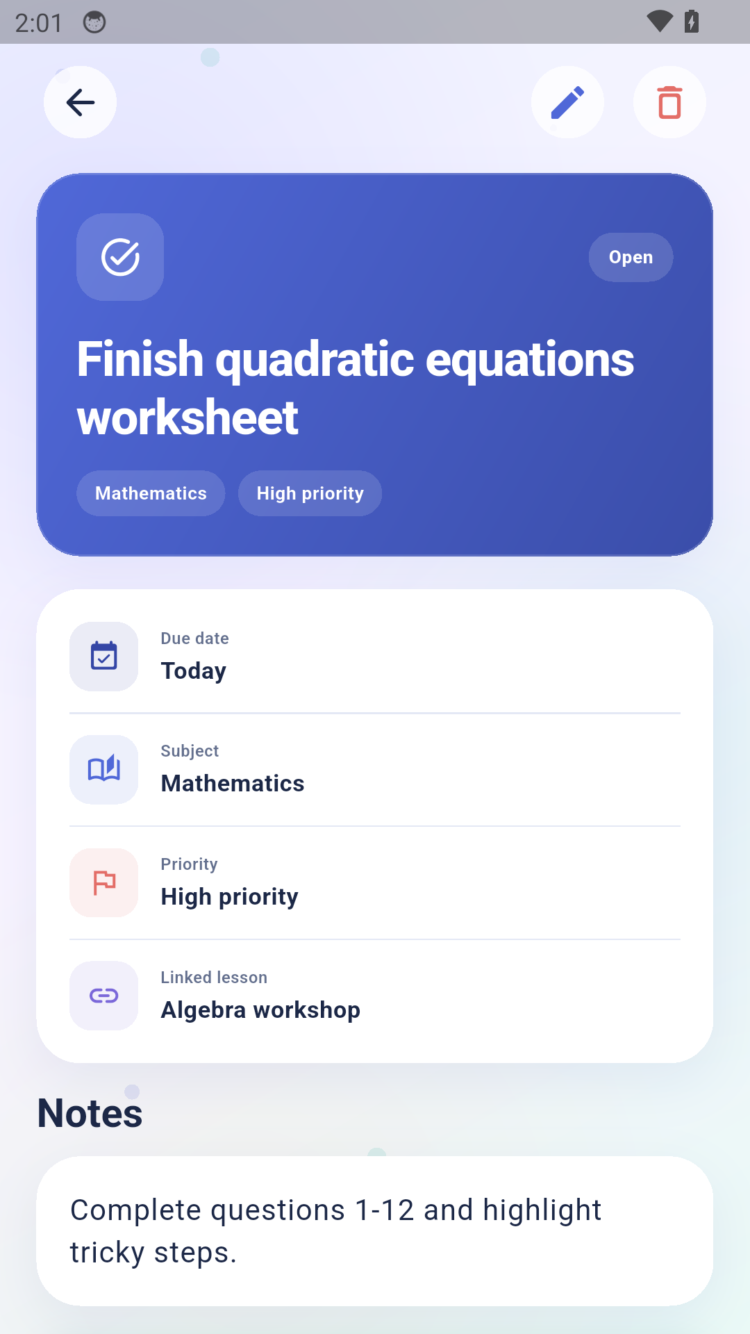 BrightEdu Planner detail screen
